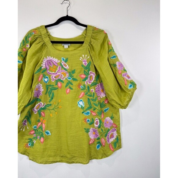 Sundance Womens Top Green Embroidered Floral Ramie 3/4 Sleeve Blouse Boho Large - Picture 6 of 11